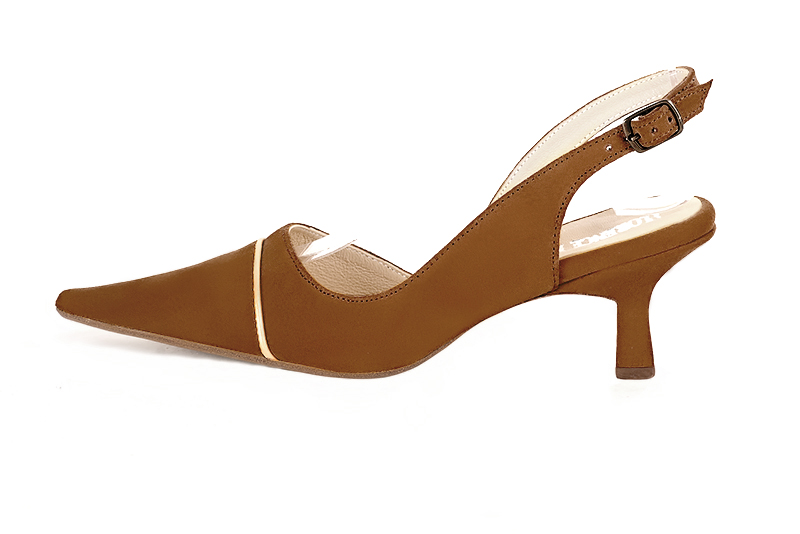Caramel brown and gold women's slingback shoes. Pointed toe. Medium spool heels. Profile view - Florence KOOIJMAN